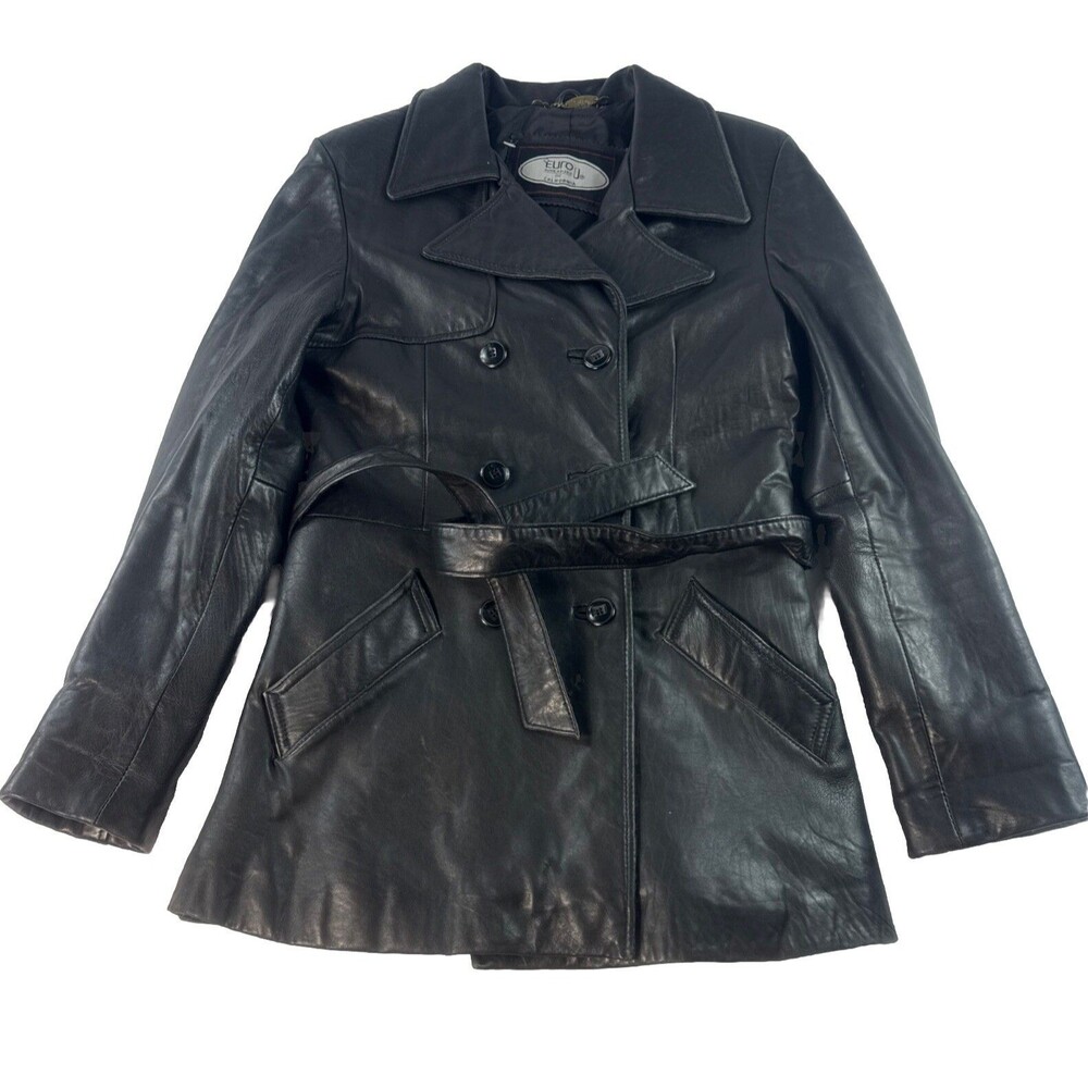 Euro Mond of California Women Trench Coat Black Leather jacket size medium.